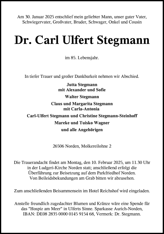 Traueranzeige von Carl Ulfert Stegmann von Ostfriesischer Kurier GmbH