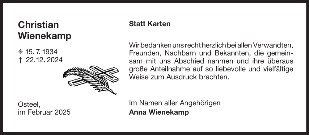  Traueranzeige für Christian Wienekamp vom 01.02.2025 aus Ostfriesischer Kurier GmbH