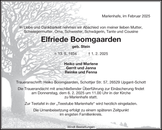 Traueranzeige von Elfriede Boomgaarden von Ostfriesischer Kurier GmbH