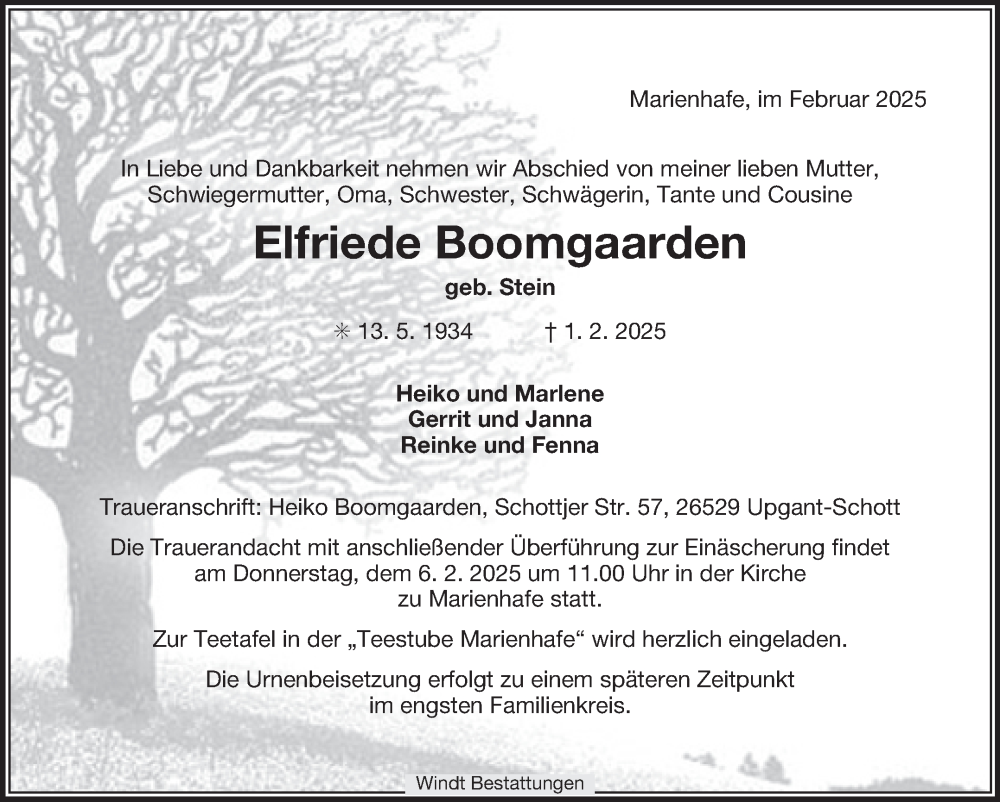  Traueranzeige für Elfriede Boomgaarden vom 04.02.2025 aus Ostfriesischer Kurier GmbH
