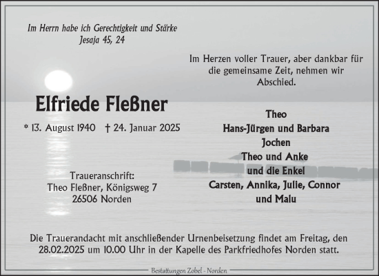 Traueranzeige von Elfriede Fleßner von Ostfriesischer Kurier GmbH
