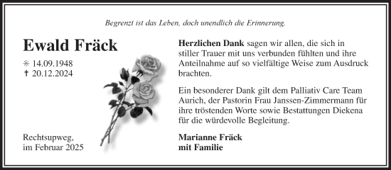 Traueranzeige von Ewald Fräck von Ostfriesischer Kurier GmbH