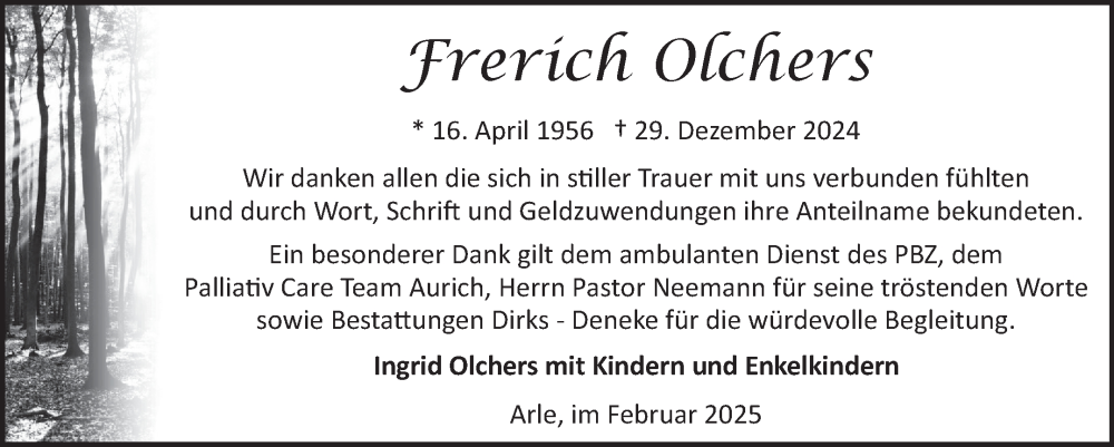  Traueranzeige für Frerich Olchers vom 08.02.2025 aus Ostfriesischer Kurier GmbH