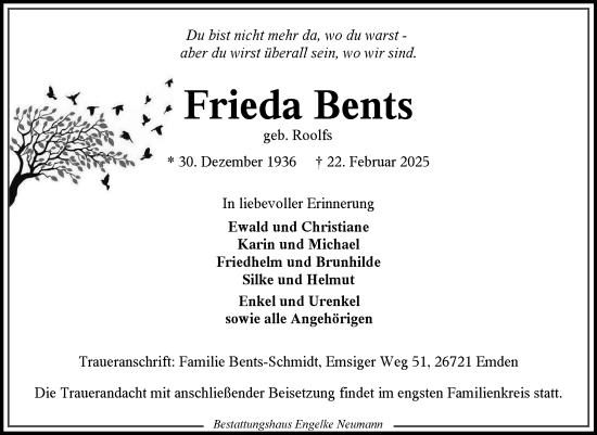 Traueranzeige von Frieda Bents von Ostfriesischer Kurier GmbH