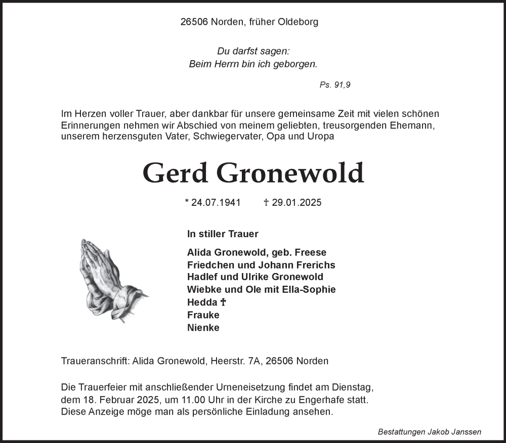  Traueranzeige für Gerd Gronewold vom 08.02.2025 aus Ostfriesischer Kurier GmbH