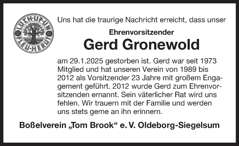  Traueranzeige für Gerd Gronewold vom 12.02.2025 aus Ostfriesischer Kurier GmbH