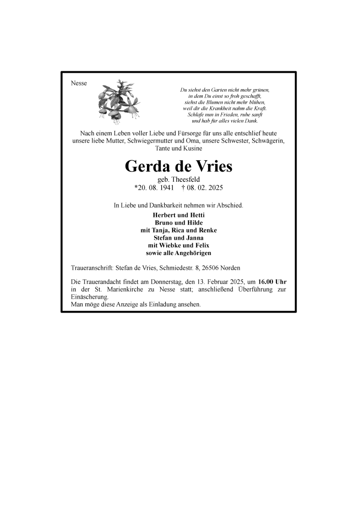  Traueranzeige für Gerda de Vries vom 10.02.2025 aus Ostfriesischer Kurier GmbH