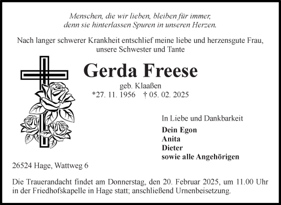 Traueranzeige von Gerda Freese von Ostfriesischer Kurier GmbH