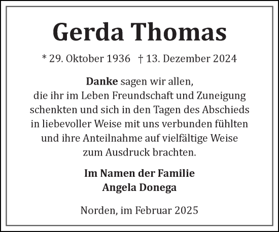 Traueranzeige von Gerda Thomas von Ostfriesischer Kurier GmbH