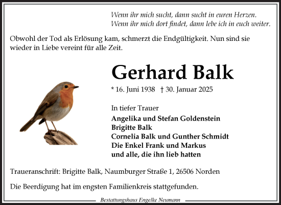 Traueranzeige von Gerhard Balk von Ostfriesischer Kurier GmbH