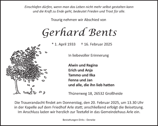 Traueranzeige von Gerhard Bents von Ostfriesischer Kurier GmbH