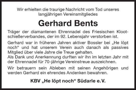 Traueranzeige von Gerhard Bents von Ostfriesischer Kurier GmbH