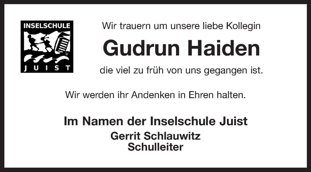  Traueranzeige für Gudrun Haiden vom 01.02.2025 aus Ostfriesischer Kurier GmbH