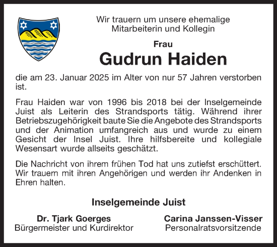Traueranzeige von Gudrun Haiden von Ostfriesischer Kurier GmbH