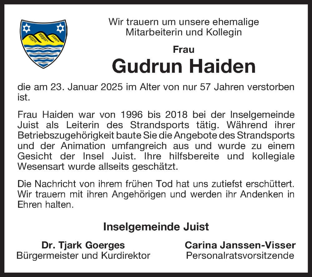  Traueranzeige für Gudrun Haiden vom 01.02.2025 aus Ostfriesischer Kurier GmbH