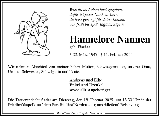 Traueranzeige von Hannelore Nannen von Ostfriesischer Kurier GmbH