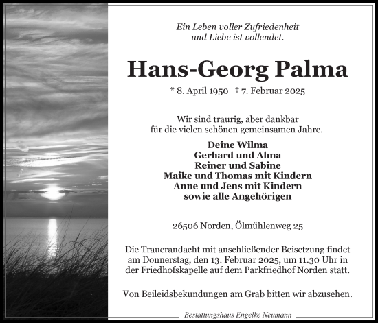 Traueranzeige von Hans-Georg Palma von Ostfriesischer Kurier GmbH