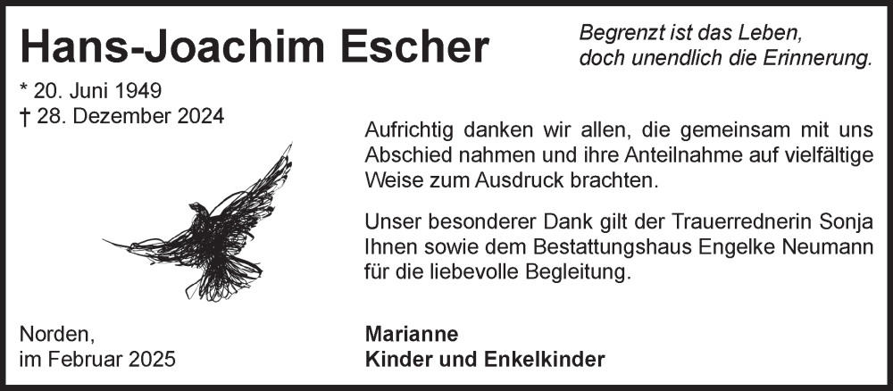  Traueranzeige für Hans-Joachim Escher vom 01.02.2025 aus Ostfriesischer Kurier GmbH