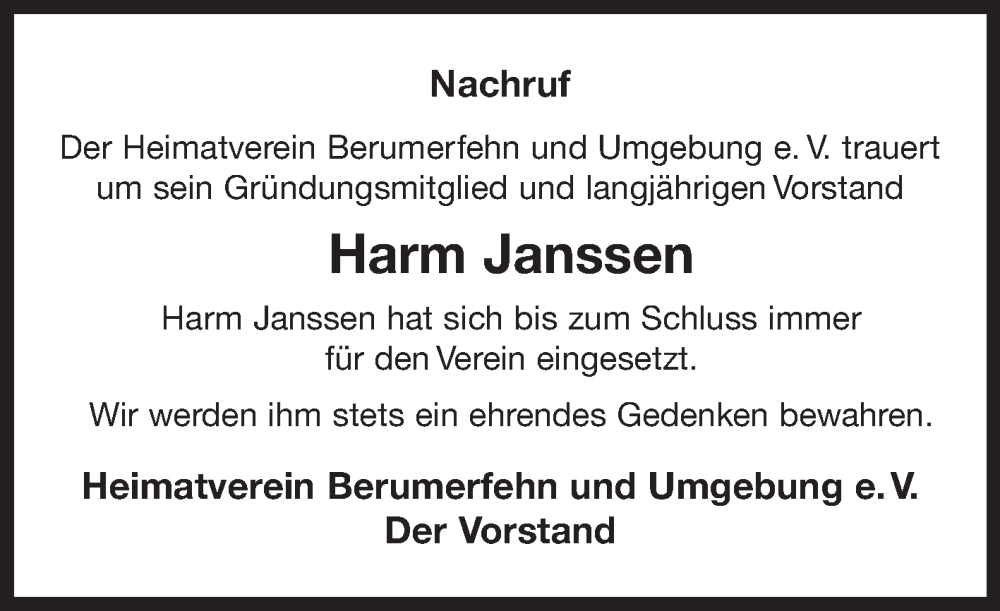  Traueranzeige für Harm Janssen vom 27.02.2025 aus Ostfriesischer Kurier GmbH