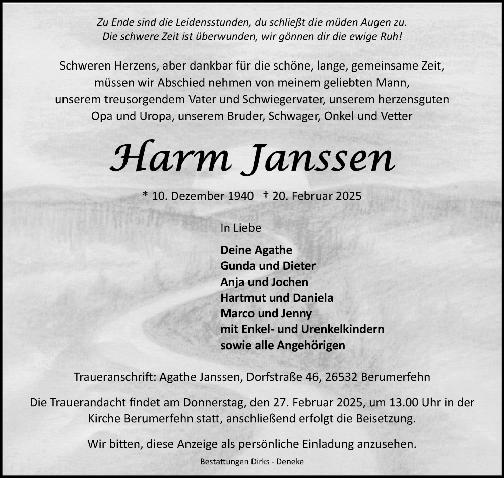  Traueranzeige für Harm Janssen vom 24.02.2025 aus Ostfriesischer Kurier GmbH