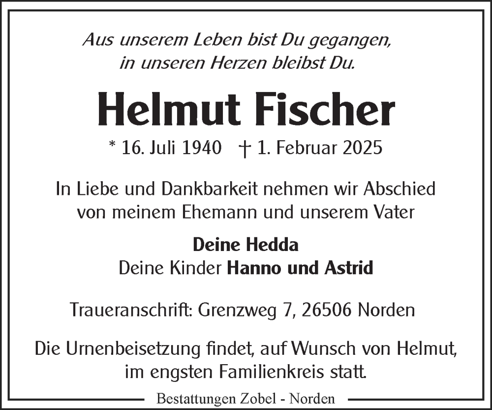  Traueranzeige für Helmut Fischer vom 08.02.2025 aus Ostfriesischer Kurier GmbH