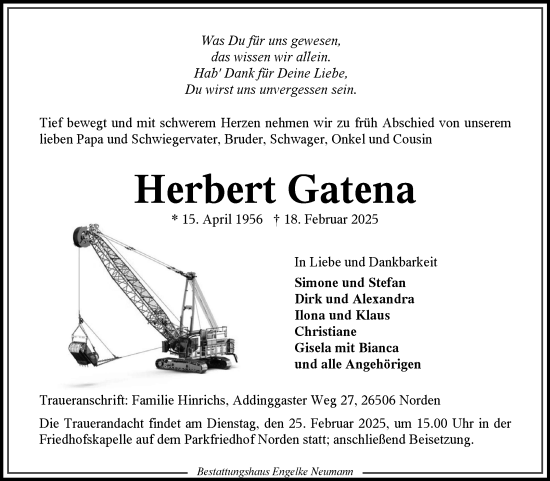 Traueranzeige von Herbert Gatena von Ostfriesischer Kurier GmbH
