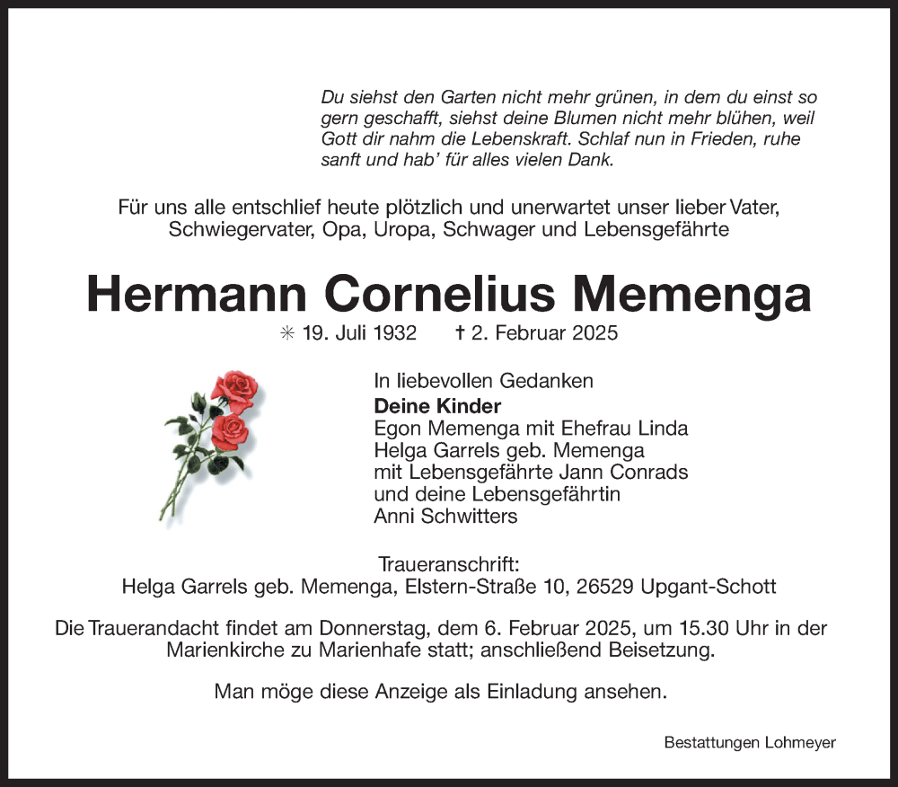  Traueranzeige für Hermann Cornelius Memenga vom 04.02.2025 aus Ostfriesischer Kurier GmbH