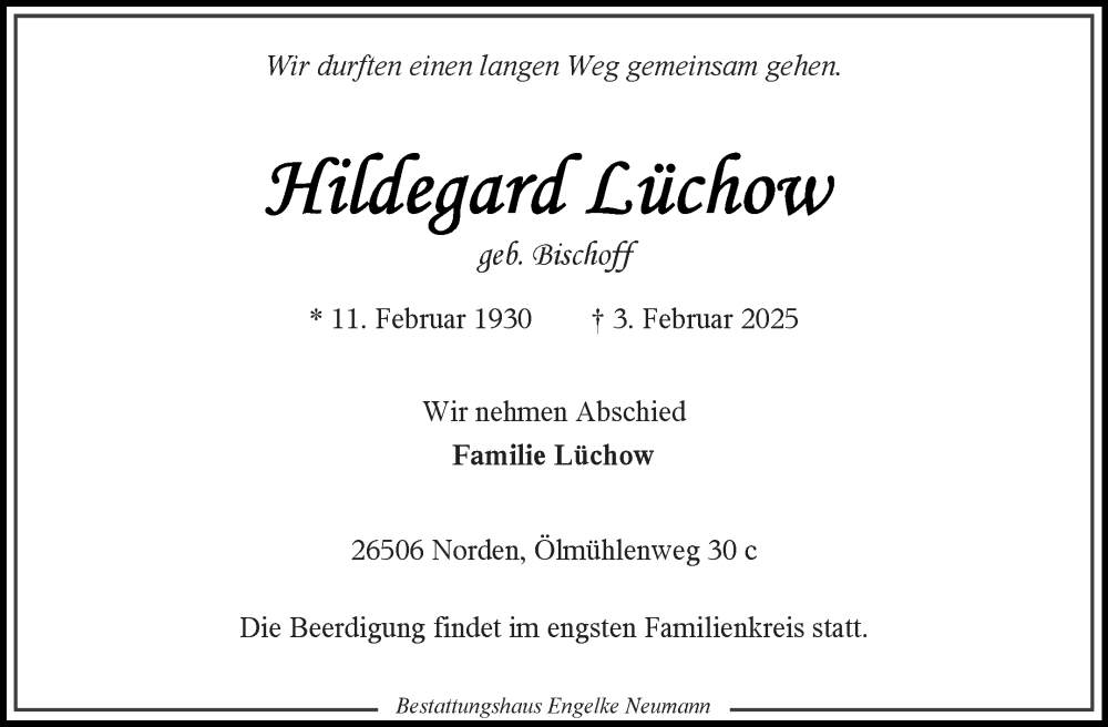  Traueranzeige für Hildegard Lüchow vom 08.02.2025 aus Ostfriesischer Kurier GmbH