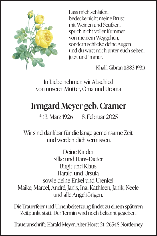 Traueranzeige von Irmgard Meyer von Ostfriesischer Kurier GmbH