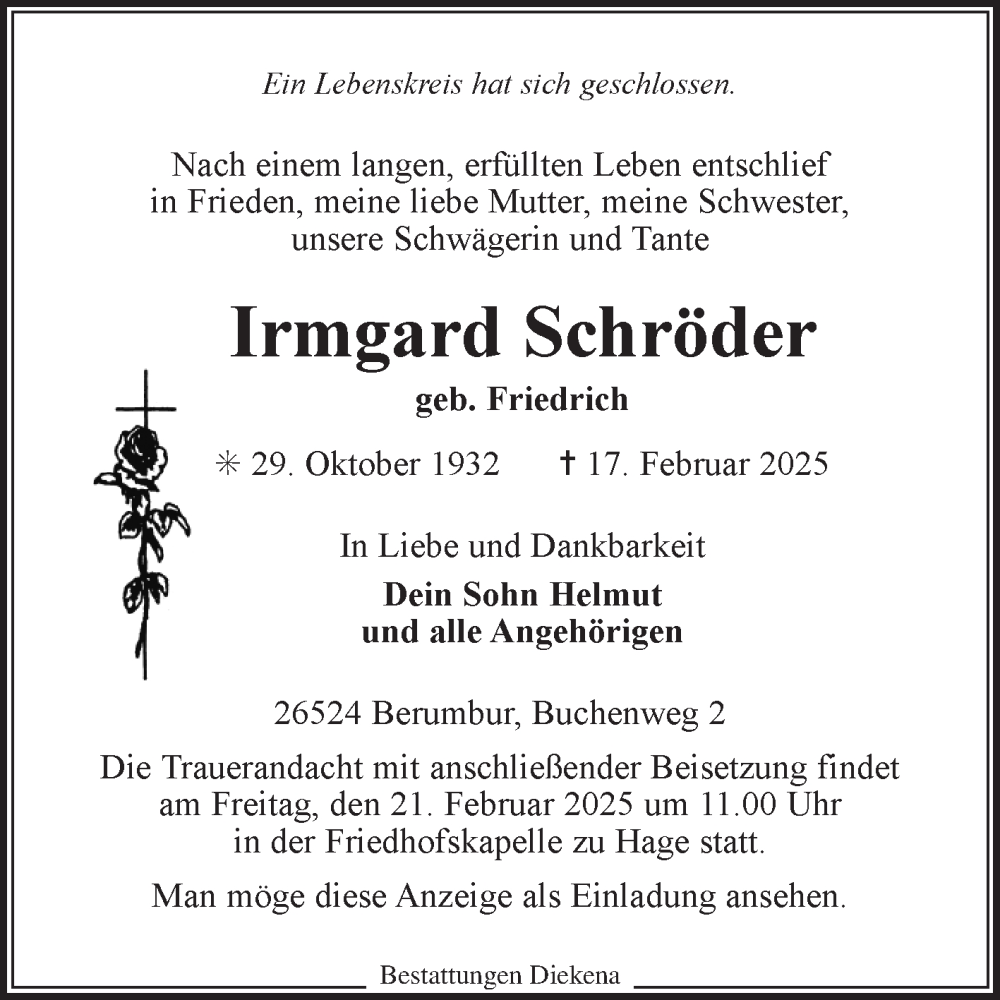  Traueranzeige für Irmgard Schröder vom 19.02.2025 aus Ostfriesischer Kurier GmbH