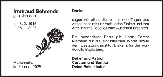 Traueranzeige von Irmtraud Behrends von Ostfriesischer Kurier GmbH