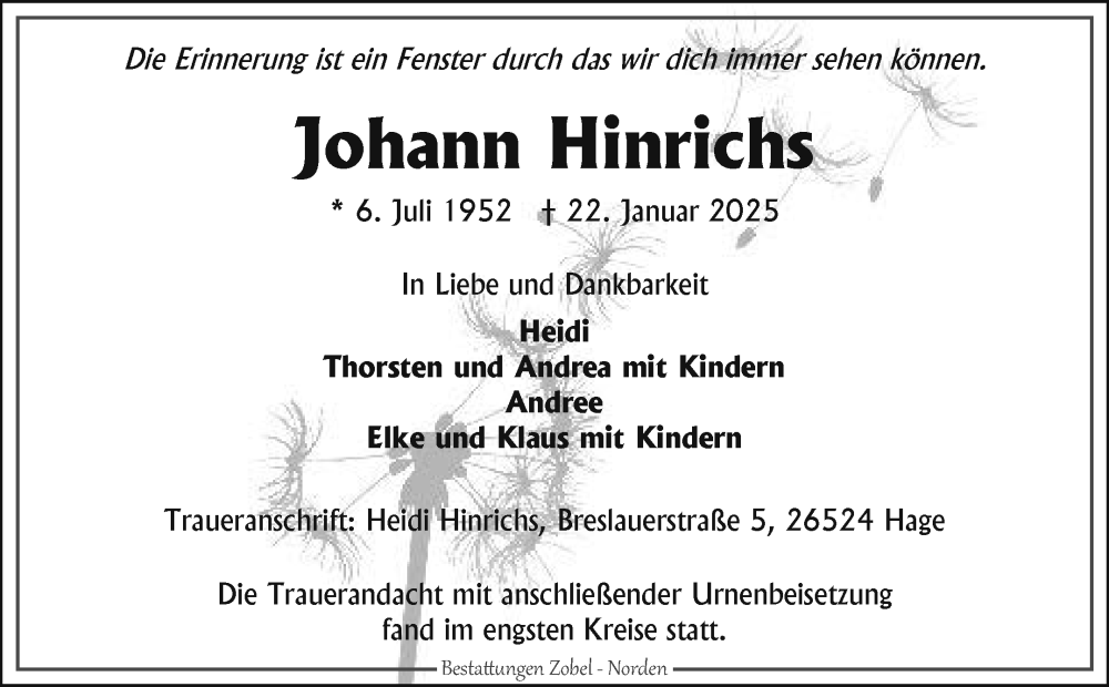  Traueranzeige für Johann Hinrichs vom 12.02.2025 aus Ostfriesischer Kurier GmbH