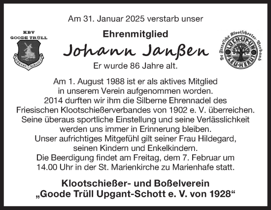 Traueranzeige von Johann Janßen von Ostfriesischer Kurier GmbH
