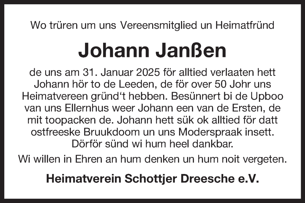  Traueranzeige für Johann Janßen vom 08.02.2025 aus Ostfriesischer Kurier GmbH