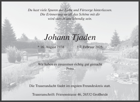 Traueranzeige von Johann Tjaden von Ostfriesischer Kurier GmbH