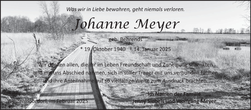  Traueranzeige für Johanne Meyer vom 15.02.2025 aus Ostfriesischer Kurier GmbH
