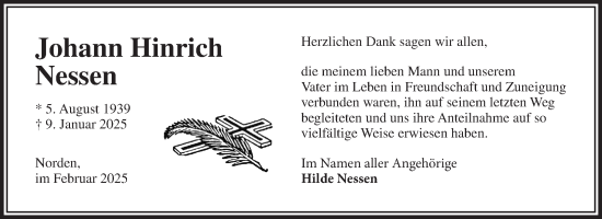 Traueranzeige von Johann Hinrich Nessen von Ostfriesischer Kurier GmbH