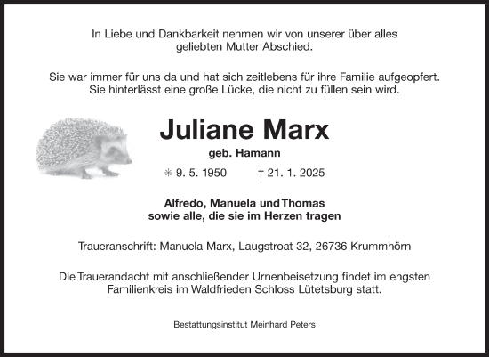 Traueranzeige von Juliane Marx von Ostfriesischer Kurier GmbH