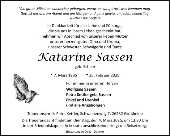 Traueranzeige von Katarine Sassen von Ostfriesischer Kurier GmbH