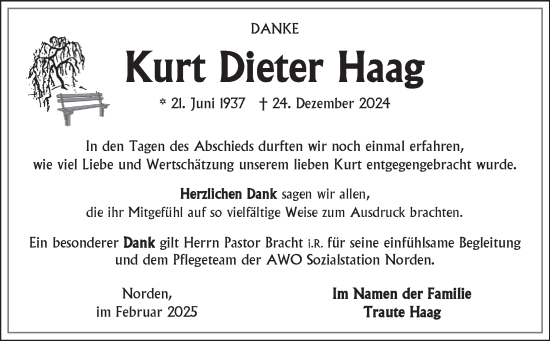 Traueranzeige von Kurt Dieter Haag von Ostfriesischer Kurier GmbH