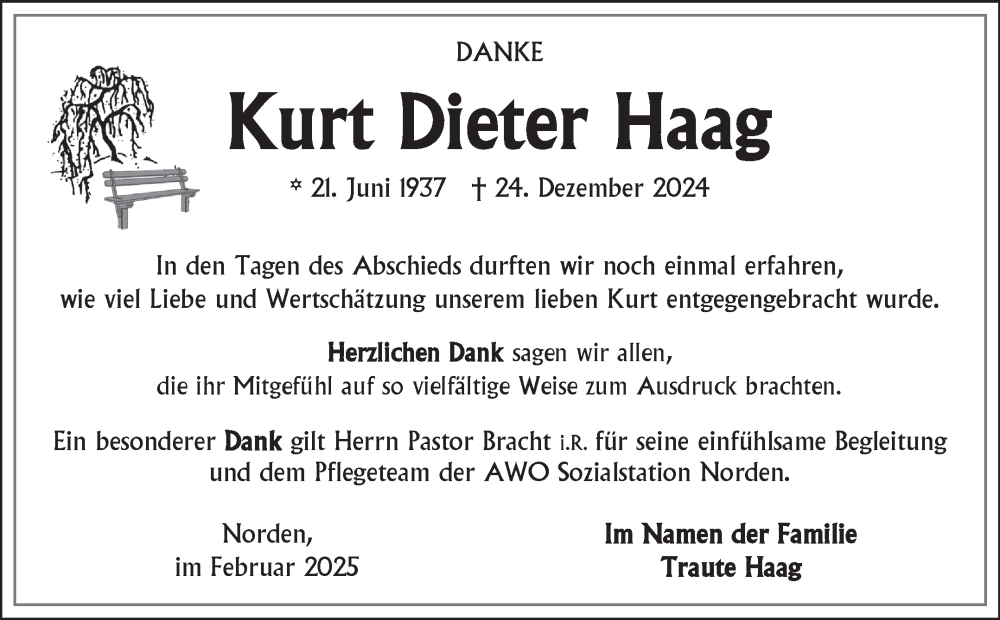  Traueranzeige für Kurt Dieter Haag vom 01.02.2025 aus Ostfriesischer Kurier GmbH