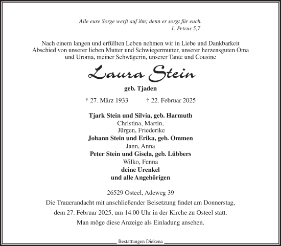Traueranzeige von Laura Stein von Ostfriesischer Kurier GmbH