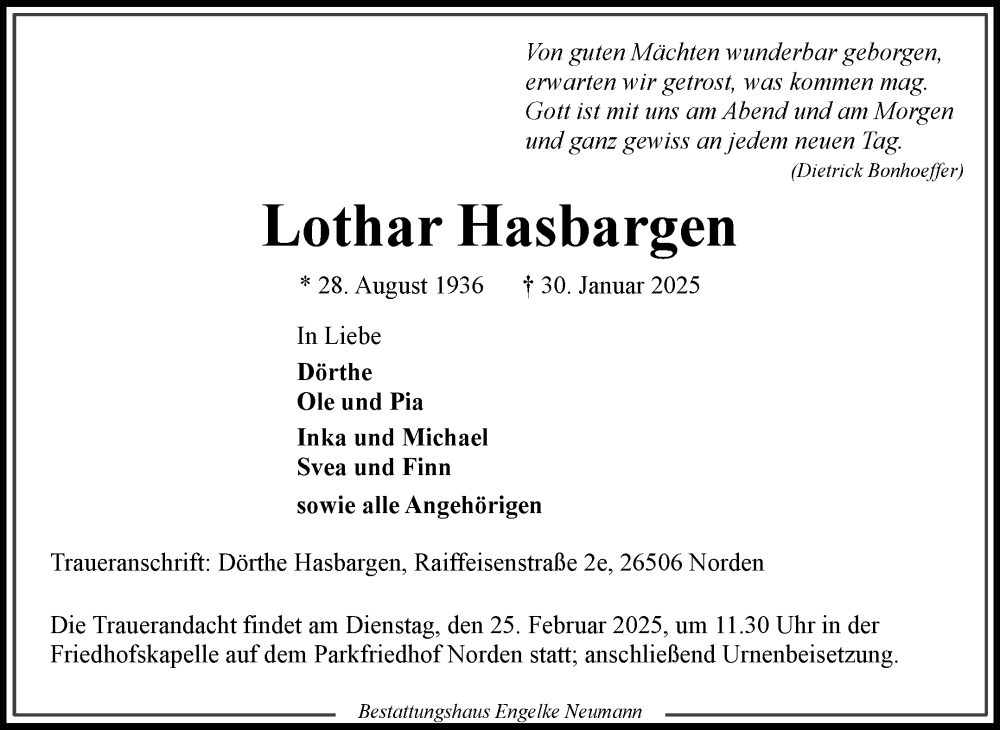  Traueranzeige für Lothar Hasbargen vom 08.02.2025 aus Ostfriesischer Kurier GmbH