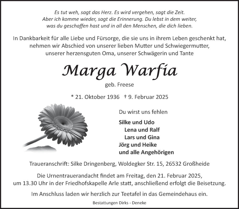  Traueranzeige für Marga Warfia vom 11.02.2025 aus Ostfriesischer Kurier GmbH