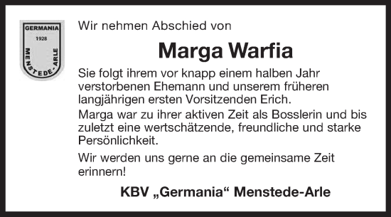 Traueranzeige von Marga Warfia von Ostfriesischer Kurier GmbH