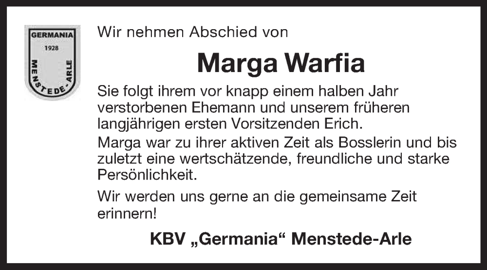  Traueranzeige für Marga Warfia vom 11.02.2025 aus Ostfriesischer Kurier GmbH