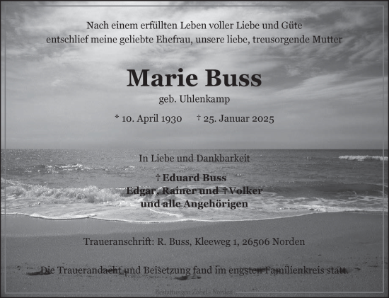 Traueranzeige von Marie Buss von Ostfriesischer Kurier GmbH