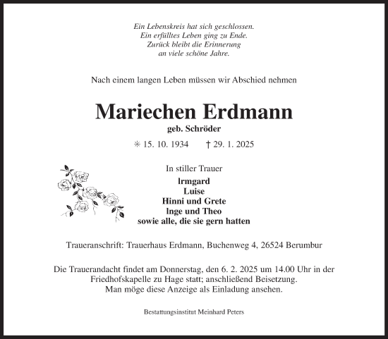 Traueranzeige von Mariechen Erdmann von Ostfriesischer Kurier GmbH