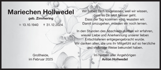 Traueranzeige von Mariechen Hollwedel von Ostfriesischer Kurier GmbH