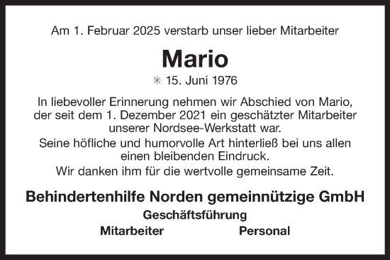 Traueranzeige von Mario  von Ostfriesischer Kurier GmbH